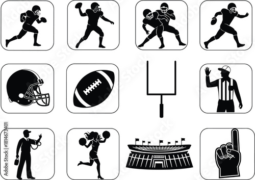 American football icons including players and stadium, american football, football, player, running, throwing, tackling, helmet, ball, goal post, referee, coach, cheerleader, stadium, foam finger, spo