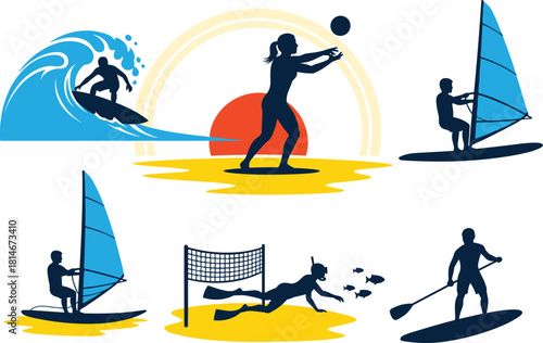 Beach and water sports silhouettes with sun and waves, surfing, windsurfing, volleyball, snorkeling, paddleboarding, beach, ocean, wave, sun, sand, summer, vacation, activity, sport, recreation, silho