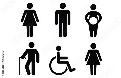 Set of Various People Black Pictograms or Symbols on White Background Representing Gender Pregnancy Disability and Age with Man Woman Old Person Wheelchair User and Pregnant Woman