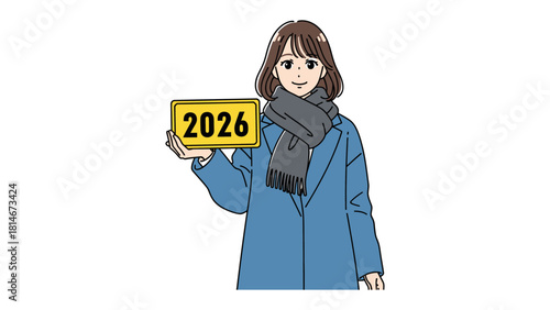 Woman in Blue with 2026 Sign: A stylish young woman dressed in a blue coat holds up a sign displaying the year 2026, offering a glimpse into the future.