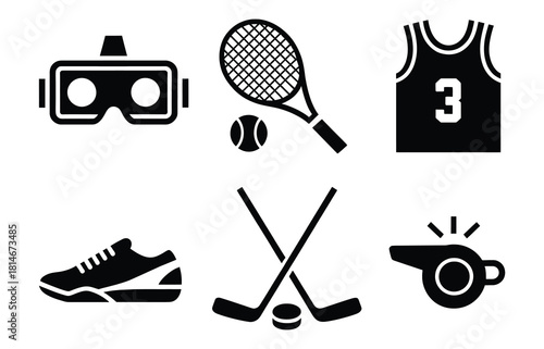 Sports Gear And Equipment Vector Illustration Featuring Vr Headset Tennis Racket Jersey Shoe Hockey Sticks Whistle Represents Active Lifestyle Recreation