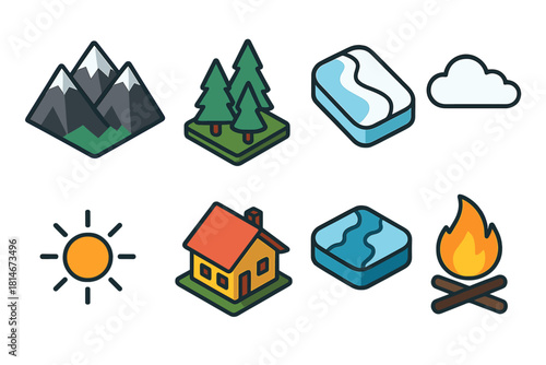 Alpine Icon Set. Alpine Scenery flat icons set. mountain range, forest, snow path, cloud, sun, ski lodge, frozen river, campfire