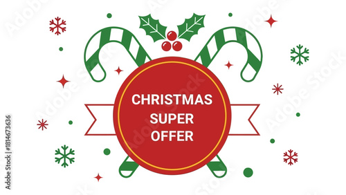 Christmas Super Offer: An eye-catching graphic design for Christmas super offer, with candy cane, red circle and snowflake, creating a festive visual for seasonal deals and promotions.