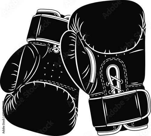 Black boxing gloves with white outline on white background, boxing gloves, black, white, sport, fighting, combat, equipment, training, punch, martial arts, boxing, kickboxing, mma, gloves, leather, la
