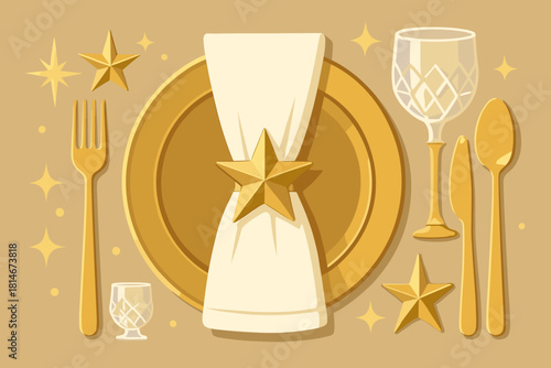 Elegant Festive Table Setting. Festive table setting featuring golden star napkin rings, shimmering cutlery, and crystal glasses. The arrangement is symmetrical,. Vector illustration