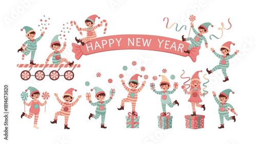 Happy New Year Elves Festivity: Cheerful elves, donned in festive attire, engage in joyful celebration with the words “Happy New Year” set to welcome the holiday season