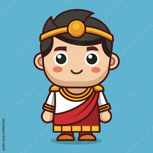 Cute cartoon roman emperor character with golden headband and red toga