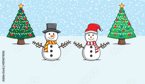 illustration vector two snowman and Christmas tree in falling snow design drawing in colorful