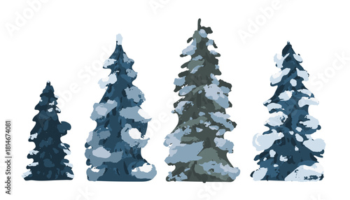 Set of four fir trees are shown in a snowy landscape on a white background