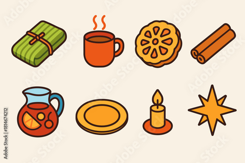 Festive Posada Icons. Warm Posadas Meal flat icons set. tamale, steaming mug, buñuelo, cinnamon, fruit punch, plate, candlelight, starburst