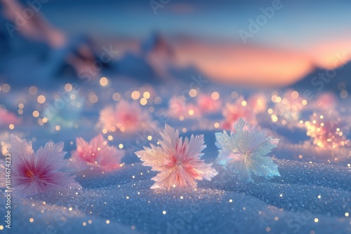 Delicate crystal-like flowers blooming on snow under soft morning light, ideal for winter greeting cards, fantasy artwork and inspirational posters.