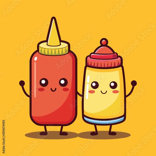 Cute kawaii ketchup and mustard bottles holding hands on yellow background