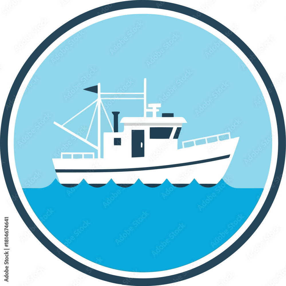Fototapeta premium Fishing boat on blue water circle icon