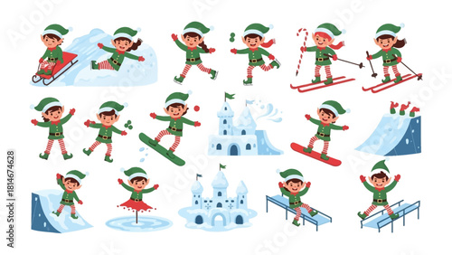 Elf Adventures in a Winter Wonderland: Whimsical illustrations capture the spirited essence of elven escapades in a snow-covered landscape. elves enjoy ice-skating, sledding, skiing, and snowboarding.