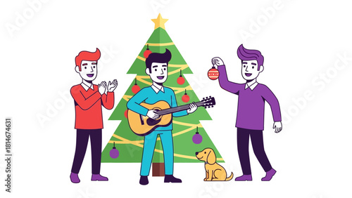Joyful Christmas Carols: Three friends gather around a decorated Christmas tree, with one strumming a guitar and the others clapping and decorating, filled with merriment and the spirit of the season.