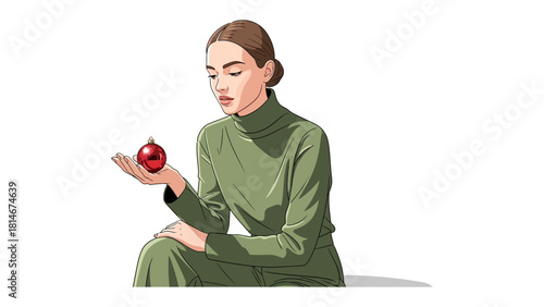Contemplation of Holiday Ornament: A young woman, adorned in stylish attire, delicately holds a festive red ornament, her gaze focused in thoughtful contemplation.