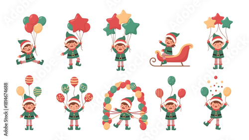Cheerful Holiday Helpers: A collection of delightful illustrations showcases festive elves adorned in charming attire, reveling in the holiday spirit, ready to deliver joy.