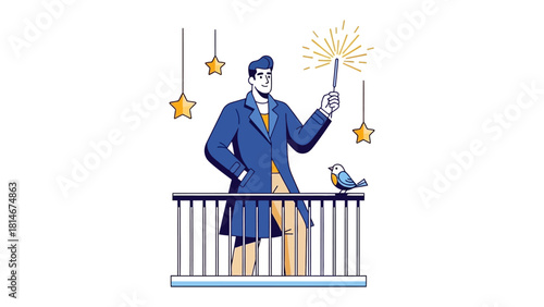Wizard on a Balcony: A magician stands on a balcony, conjuring magic with his wand, surrounded by stars and a friendly bird.  A scene of wonder and enchantment. 