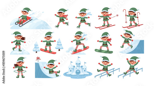 Winter Wonderland of Elves: A playful collection of cartoon elves immersed in winter activities, showcasing a whimsical, action-packed panorama of festive cheer. 