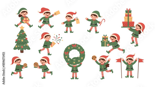Joyful Holiday Elves: A collection of cheerful elves engaged in festive activities, with a beautifully decorated tree, gifts, and a charming wreath enhancing the seasonal mood. 