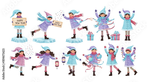 Holiday cheer collection: charming children in winter clothing engaging in a variety of festive activities, including ice skating, gift-giving, and festive sign, creating a warm.