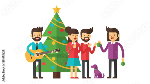 Christmas cheer: Gathering around a vibrantly decorated tree, people share laughter, music, and the warmth of holiday spirit. A dog sits patiently.