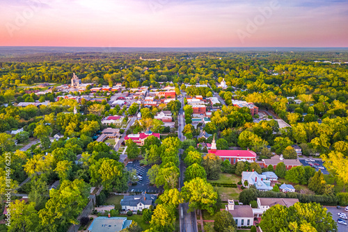 Madison, Georgia, USA overlooking the downtown historic district at dusk. 1685