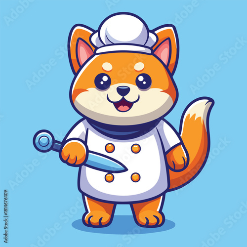 Adorable shiba inu dog wearing chef uniform holding kitchen utensils