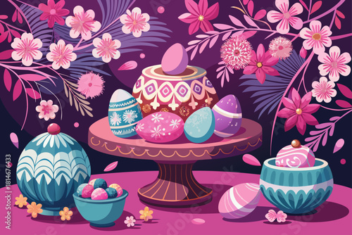 Pastel pink eggs, on a dark pink table and pink blossoms are arranged next to decorated eggs for Eid celebrations.