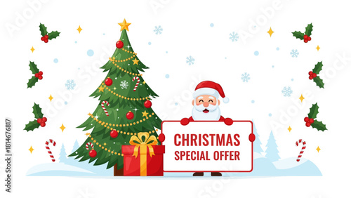 Christmas Special Offer: A festive illustration of a jolly Santa Claus holding a sign that reading Christmas Special Offer, beside the decorated Christmas tree and gift box in snow