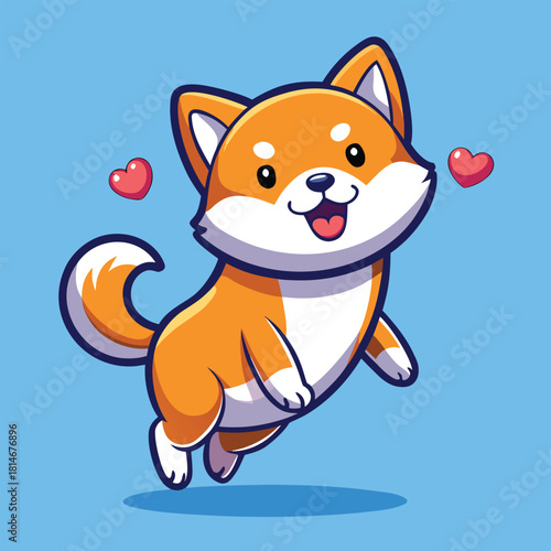 Adorable shiba inu dog with hearts floats happily in the air