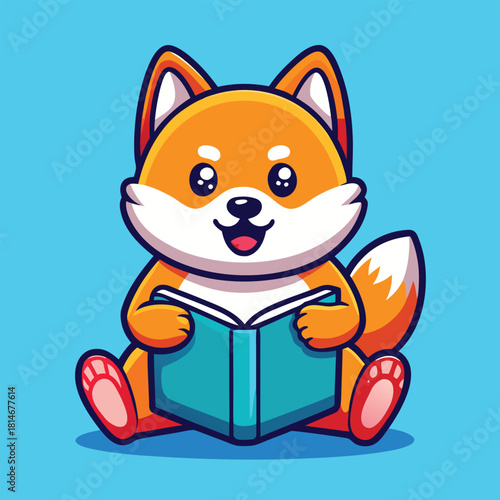 Adorable shiba inu puppy enthusiastically reading a book on a bright blue background