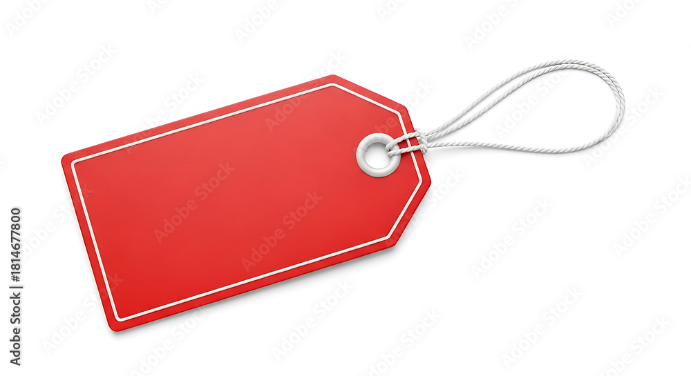 Fototapeta premium A striking red blank tag, elegantly designed with a string, providing a clear canvas for promotional messages, sales events, or product identification in retail