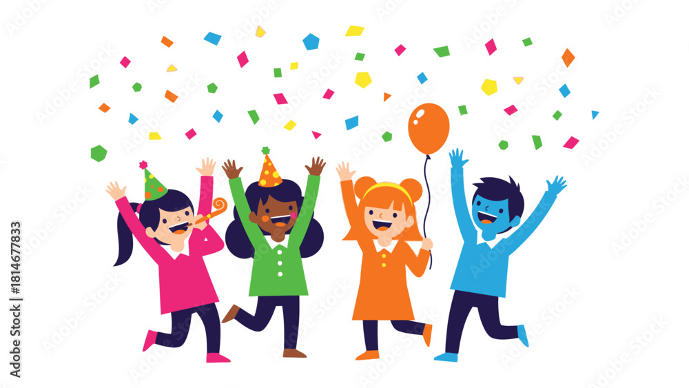 Fototapeta premium Joyful Children's Party: A group of happy children, radiating joy, celebrates with colorful confetti and a cheerful balloon, embodying the essence of youthful delight.