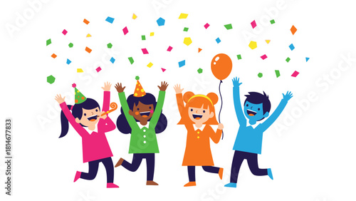 Joyful Children's Party: A group of happy children, radiating joy, celebrates with colorful confetti and a cheerful balloon, embodying the essence of youthful delight.