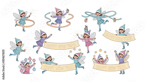 Whimsical Fairy Collection: An enchanting ensemble of playful fairies with delicate wings, adorned in whimsical attire, each engaged in unique.