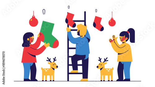 Festive Decoration: Illustration of cheerful individuals, adorning their home with Christmas cheer, filled with holiday spirit.