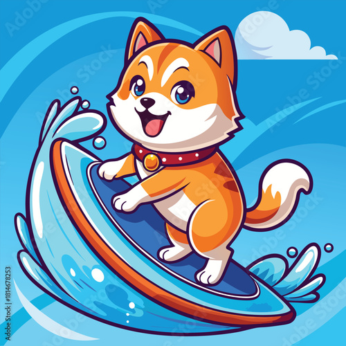 Adorable shiba inu dog surfing a wave with a big smile