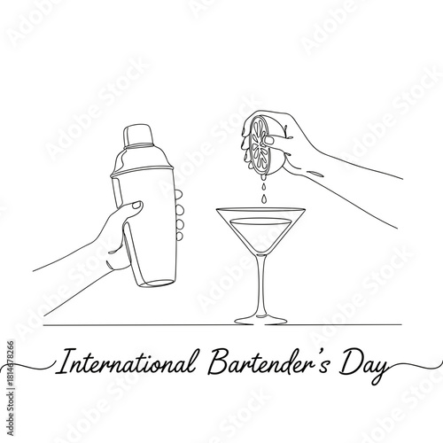 Bartender shaking cocktail in shaker while pouring into glass  