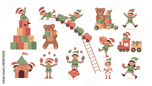 Cheerful Holiday Mischief: A collection of adorable elfs joyfully engaged in holiday activities. Playing and arranging toys, it creates a heart-warming atmosphere.