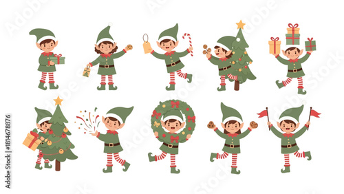 Cheerful Elves in Festive Action: A collection of delightful elves joyfully engaged in various festive activities, brimming with the spirit of Christmas and seasonal fun. 