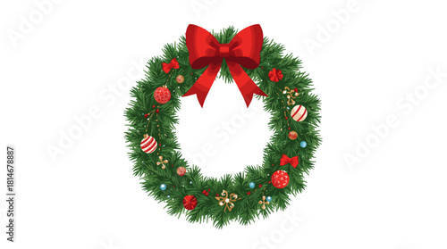 Christmas wreath with red ribbon and colorful ornaments