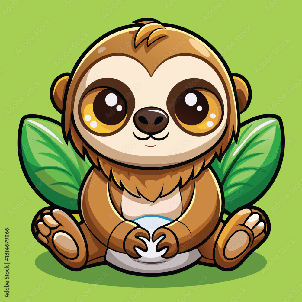 Obraz premium Adorable cartoon baby sloth with big eyes and green leaves