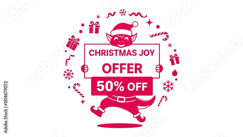 Christmas Joy Offer: Festive graphic showcasing a cheerful holiday elf, playfully promoting a 50% Off discount on a Christmas offering. With charming seasonal elements around and offer of savings