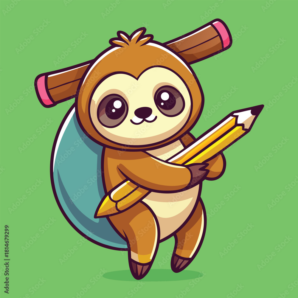 Fototapeta premium Adorable cartoon sloth character holding a large pencil ready to draw or write