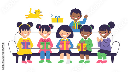 Kids Celebrating Gift Giving: A heartwarming scene unfolds as a group of children, each clutching a brightly wrapped gift, gather together in joyful celebration.