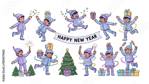 Whimsical New Year Celebration: Joyful elfin figures come to life amidst the sparkling confetti and celebratory gifts and fir trees, spreading merriment of a new beginning.