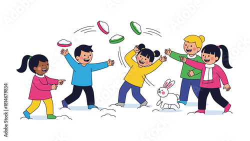 Wintertime Fun: Playful children engage in a wintertime snowball fight, their laughter echoing through the crisp air as they revel in the season's magic.