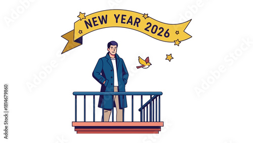New Year 2026: A person stands on a balcony, gazing towards the future with a banner overhead signaling the arrival of New Year.