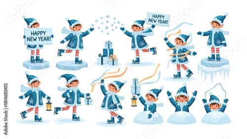 New Year's Elves Celebration: A collection of cheerful elves engage in winter activities, including holding signs, presenting gifts, and playing in the snow, bringing festive cheer.